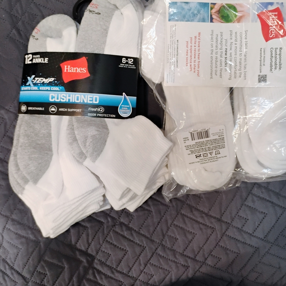 Hanes Cushioned Ankle Socks - White & Gray (12-Pack)